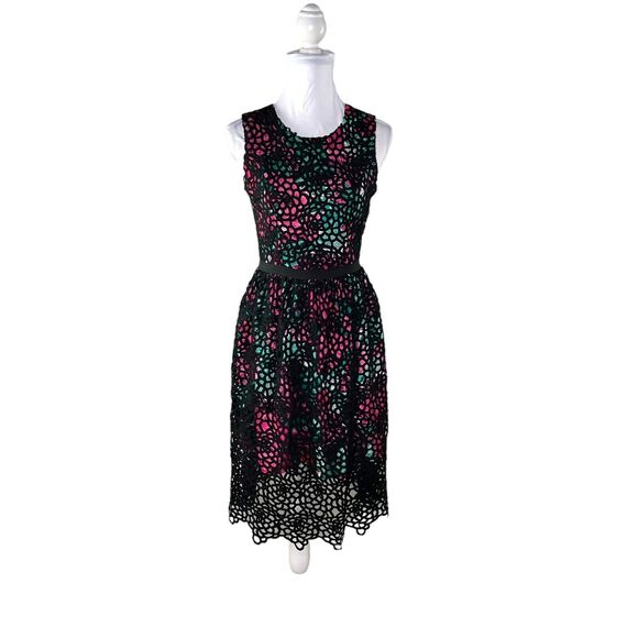 WOLVEN Anthropologie Size 2 Lace Laser Cut Overlay Floral Dress Pockets - Picture 2 of 8